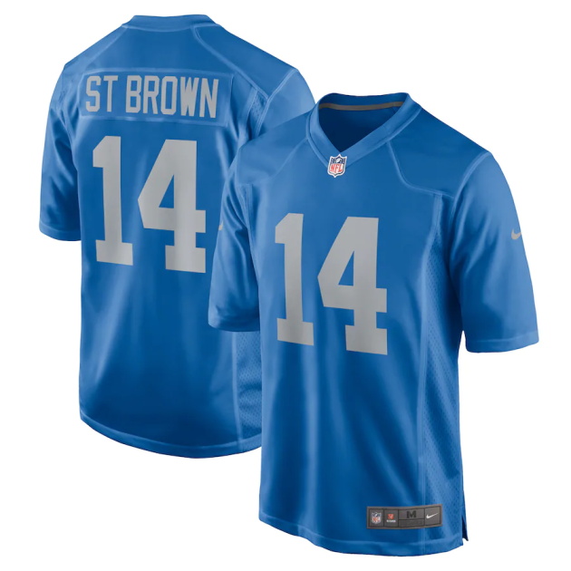 mens nike amon ra st brown blue detroit lions player game jersey